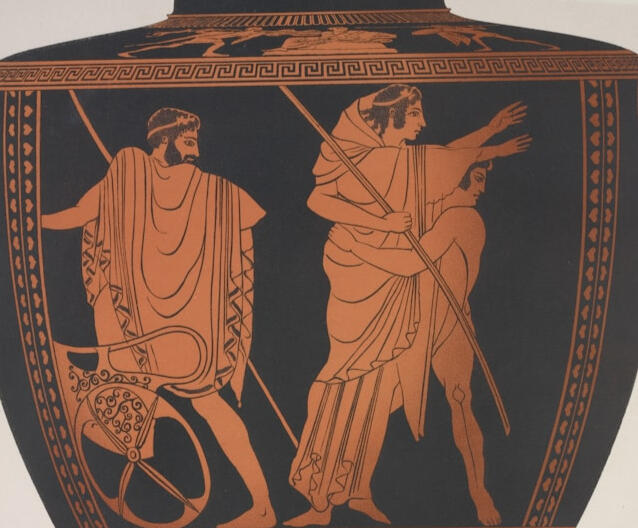 A photograph of an ancient Greek vase painted with an abduction seen in red-figure vase painting style.